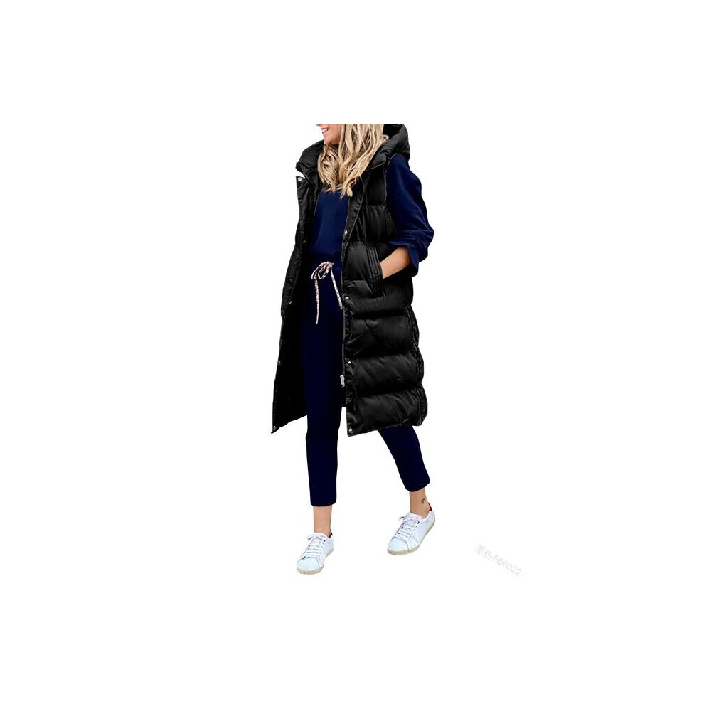 (Black, XXXXL) Women Coat Solid Color Hooded Long Cotton-padded Jacket Vest, Casual Fashion Single-breasted Pocket Solid Color Autumn Winter