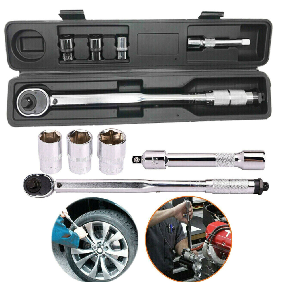 Torque Wrench 1/2" Ratchet Square Drive 28-210 Nm Wheel Nut Wrench with 17mm 19mm 21mm Sockets Set, Extension Bar & Storage Box