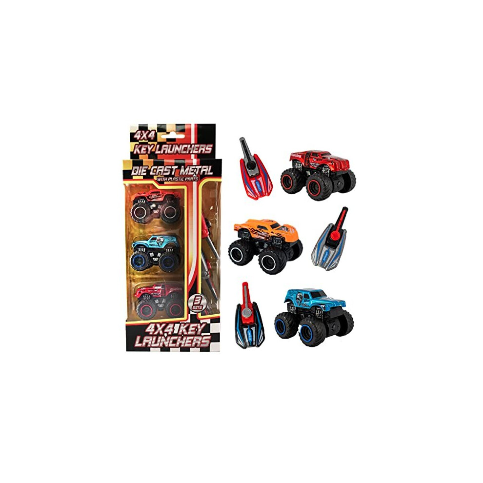 3 Key Launcher Mini Die Cast Metal Monster Trucks with Plastic Parts, Includes a Key Launching Mechanism, Kids Playset Collection Perfect for Your