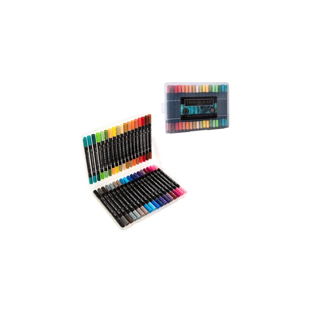 Fairfax & Co Dual Tip Watercolour Pens | 36 Piece Premium Quality Coloured Dual Tip Brush Pens in Storage Case Watercolour Brush Pen Set, Blendable,