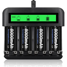 4-Pack D Cell 8000mAh Ni-Mh Rechargeable Batteries with 8 Slot AA/AAA/C/D Ni-MH Ni-CD Battery Charger