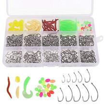 550pcs Fishing Hooks and Fishing Bait set, High Carbon Steel Fish Hooks with Plastic Box(500pcs/10 Sizes 3#-12# Barbed Hooks), 4 Style Soft Plastic