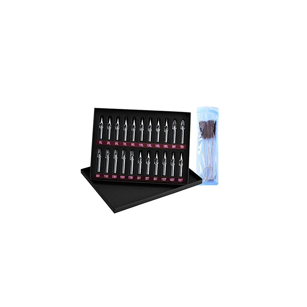 Atomus 22Pcs Tattoo Tips Set Stainless Steel Tattoo Nozzle Tips Mixed With 5Pcs Nylon Tube Brush Pipe Cleaning Brushes Tattoo Needles Supplies