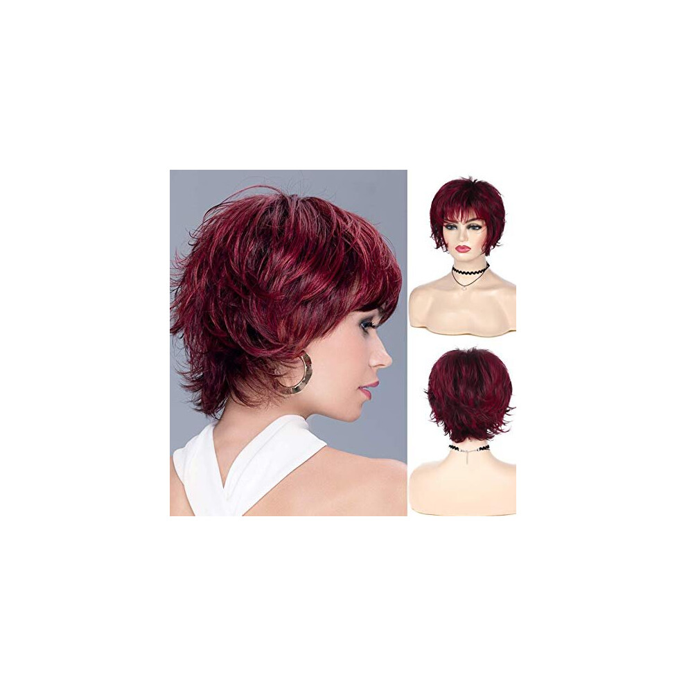 Beweig Unisex Red Wine Wig Short Laye Pixie Cut Hair Wigs For Women Synthetic Cosplay Bangs Wig Female Wig Halloween Custome Party