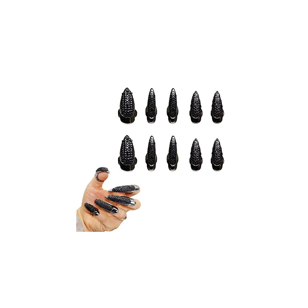 Yaiyefu 10 Pcs Halloween Costume Claws Fake Nails Ring Set, Gothic Punk 3 Sizes Crystal Full Finger Rings Paved Paw Bend Fingertip Fingernail Claw Girls Women