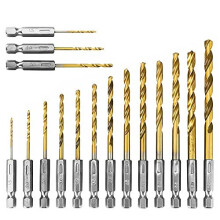 16pcs Hex Shank Titanium Coated Twist Drills Bit Set 1.5-6.5mm High Speed Steel Quick Change Impact Driver Bit for Soft Metal, Wood, PVC and Plastic