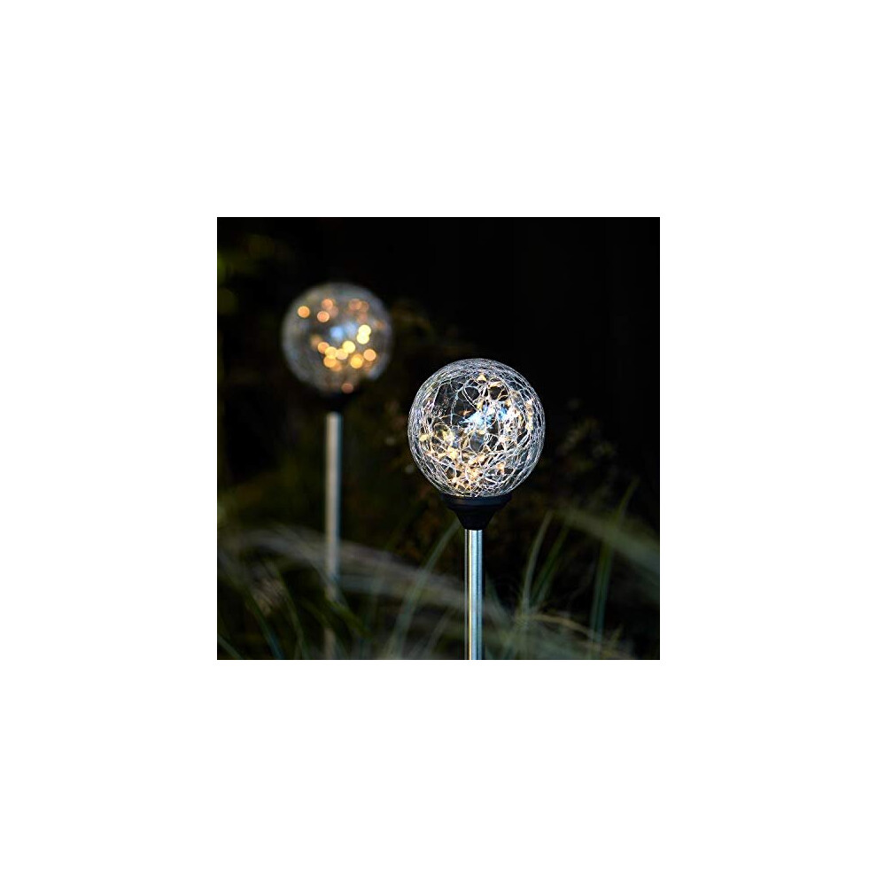 Set of 2 Outdoor Garden Solar Stake Lights Warm White LED Crackle Ball IP44 74cm