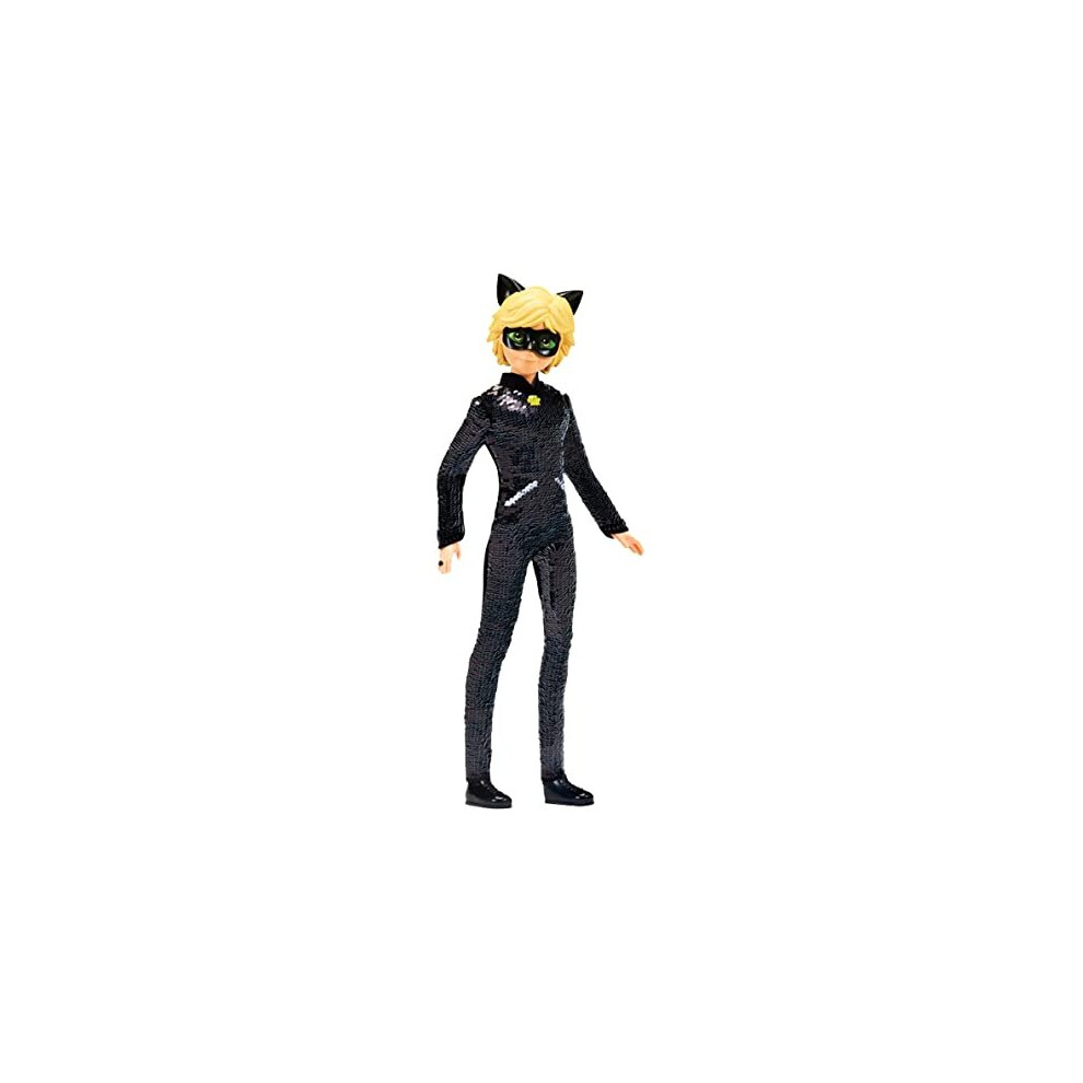 Miraculous Sequin Fashion Flip Adrien To Cat Noir | 26cm Articulated Miraculous Cat Noir Toy With Mask | Bandai Reversible Sequin Miraculous Dolls |