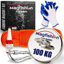 – Magnet Fishing Kit – 220 lb (100kg) – Super Strong Neodymium Magnet – Electromagnet – With 20M Rope – Carabiner - Gloves – Thread