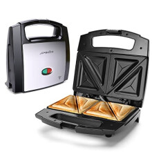 800W Sandwich Toastie Maker 2 Slice Toaster with Easy Clean Non-Stick Hot Plates, Cool Touch Handle, Locking Latch, Stainless Steel, Black - Lamo