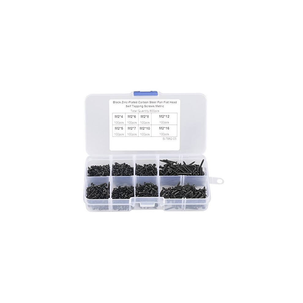 800Pcs Self Tapping Screws M2 Black Carbon Steel Countersunk Flat Cross Head Self Tapping Screws Set
