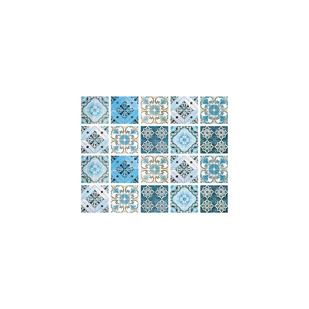 20 Pcs Tile Stickers 15x15cm Blue Wall Tile Sticker Moroccan Style Tile Film Waterproof Wall Stickers Self-Adhesive Mosaic Floor Tiles Sticker for