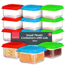 12 Small Plastic Containers with Lids 80ml, Stackable Small Food Containers W6 x D6 x H4 cm, Airtight Colourful Small Storage Containers, Kitchen