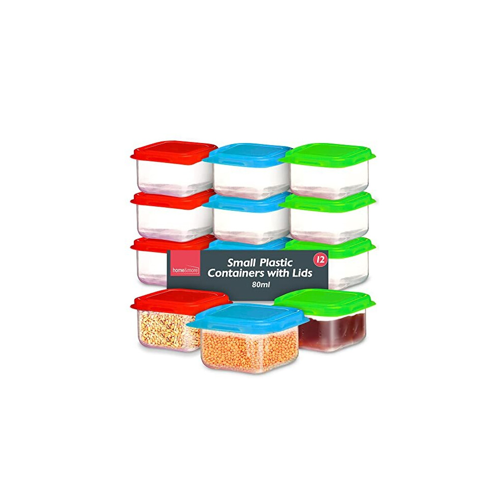 12 Small Plastic Containers with Lids 80ml, Stackable Small Food Containers W6 x D6 x H4 cm, Airtight Colourful Small Storage Containers, Kitchen