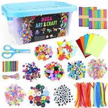 1500Pcs Art Craft Kits for Kids, Include Pipe Cleaners, Pom Poms, Wiggle Eyes, Multicoloured Paper, Colour Buttons,Beads, DIY Toys Gifts Kids