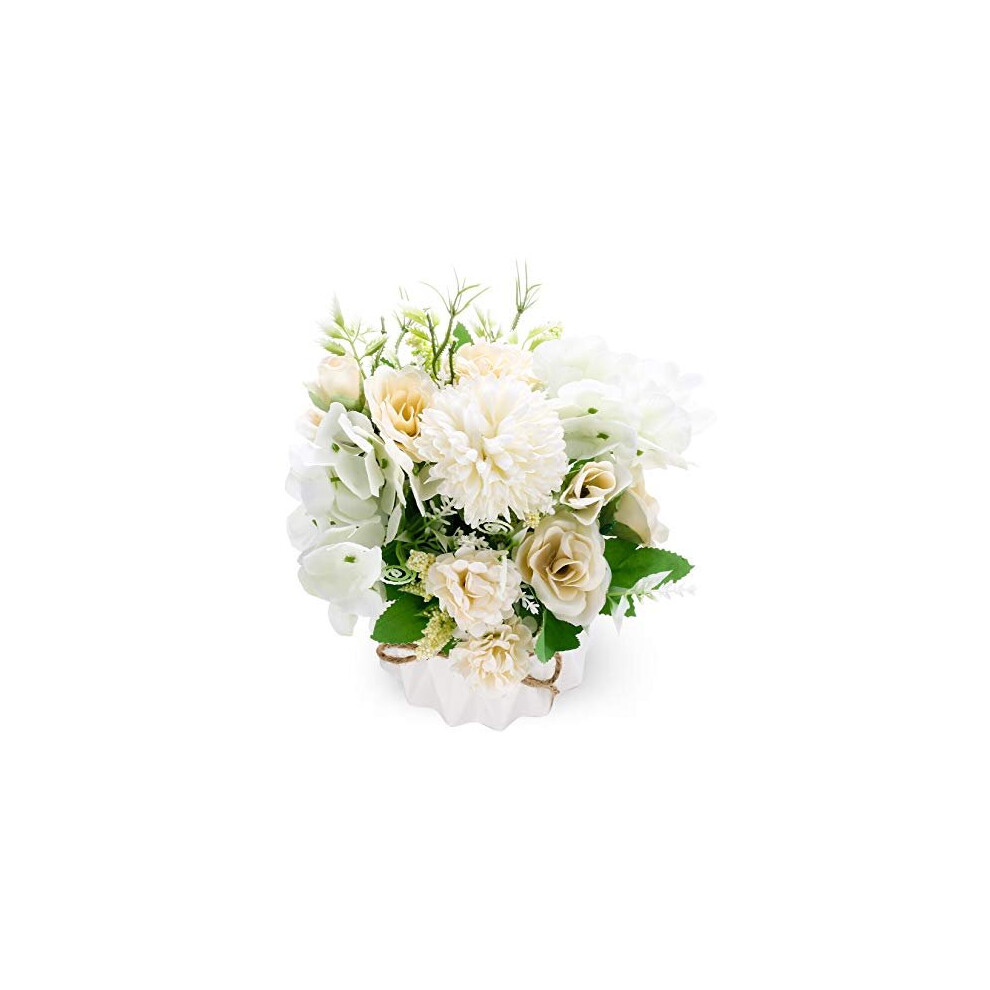 Yibaijia Ceramic Vase Artificial Flowers - Realistic Hydrangea & Rose Silk Arrangements For Home Decor, Wedding Table & Windows White