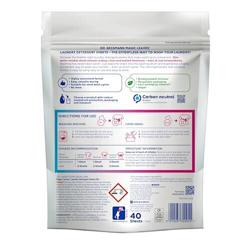 Dr Beckmann MAGIC LEAVES Laundry Detergent Sheets BIO | Convenient and pre-dosed laundry detergent sheets | Dissolvable & climate neutral | 40 sheets 1