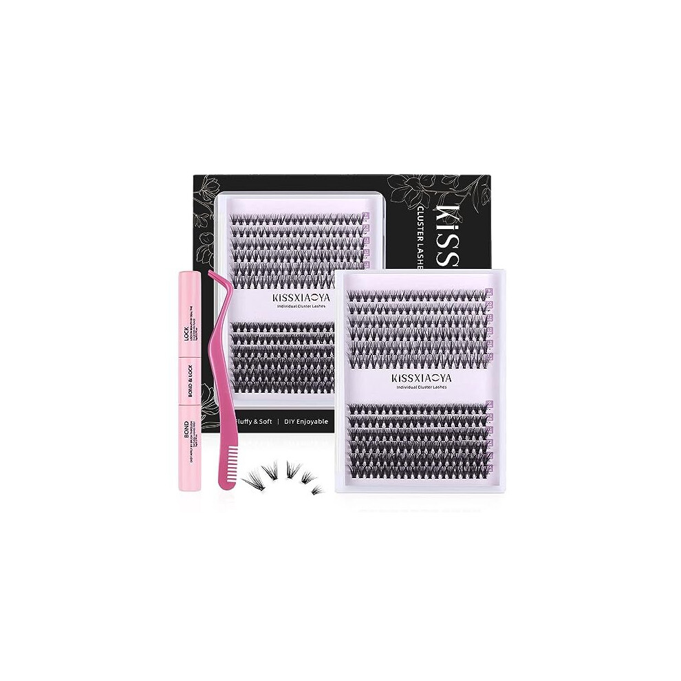 Cluster Eyelashes Extensions Kit, 240 Pcs 20D+40D 9-14mm 0.07D Curl Mixed Individual DIY Lashes with Lash Bond & Seal and Applicator,Cluster Lashes