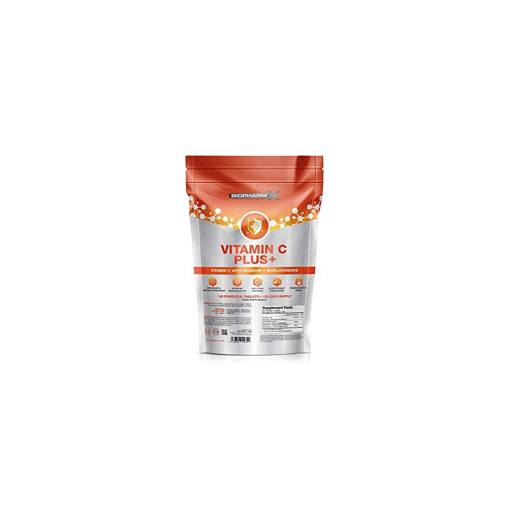 Biopharm-X Vitamin C 1000Mg Tablets + Rosehip & Bioflavanoids (4 Month Supply) 100% Pure Certified Ascorbic Acid - Suitable For Vegetarians & Vegans