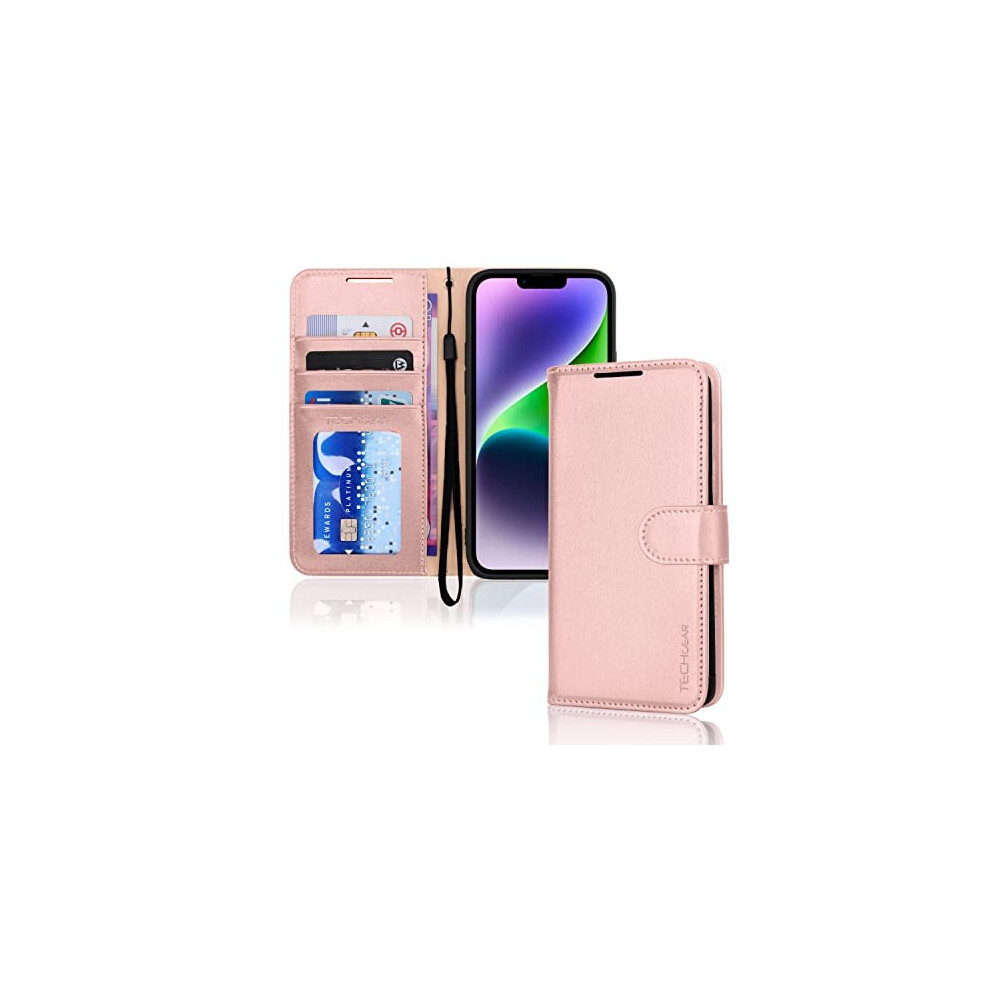 iPhone 14 Leather Wallet Case, Flip Protective Case Cover with Wallet Card Holder, Stand and Wrist Strap - Pink PU Leather with Magnetic Closure for
