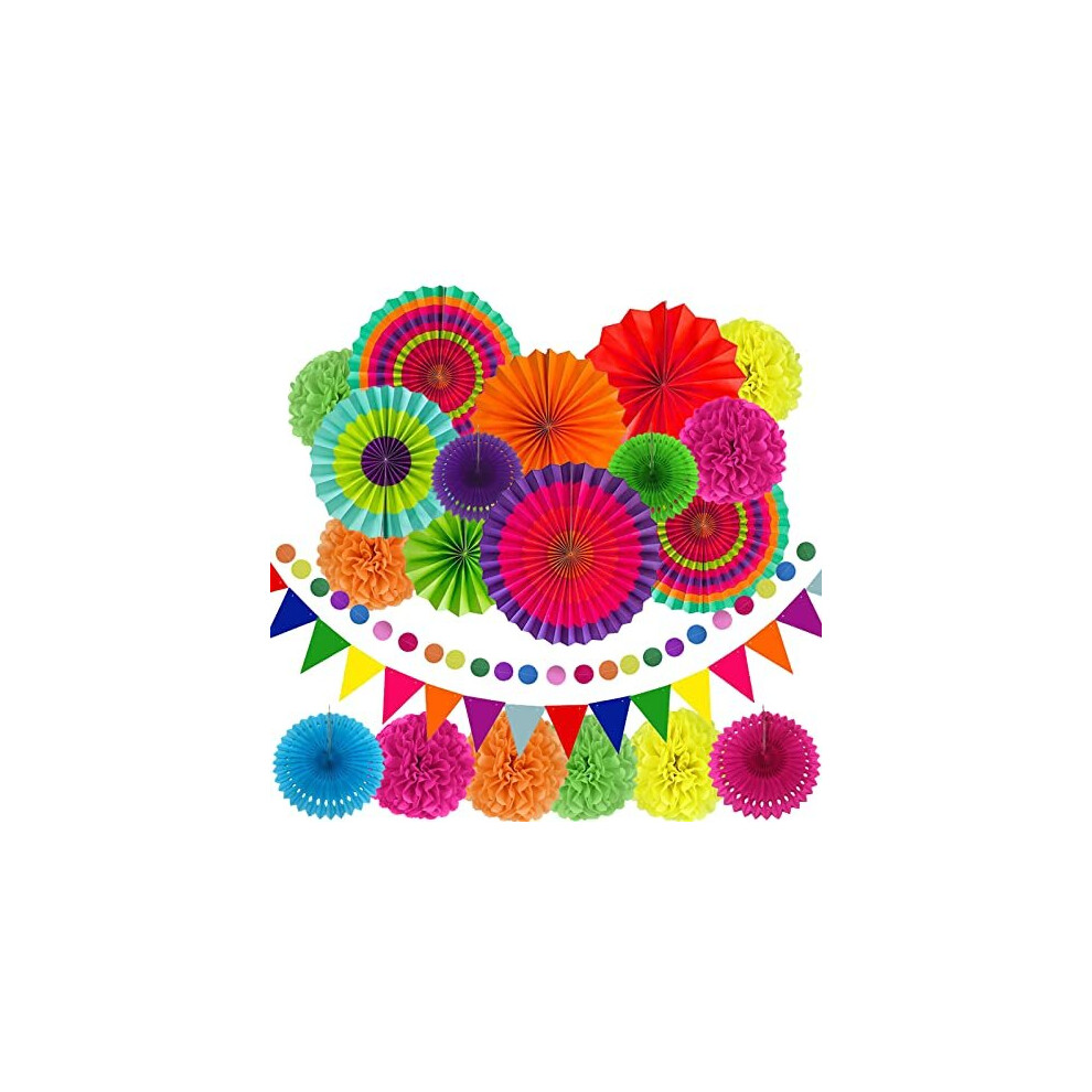 21Pcs Party Decorations Paper Fans Set, Multi-Colored Hanging Paper Fan Round Wheel Disc, Tissue Pom Poms Flowers and Triangle Flags for Birthday