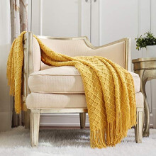 Knitted Decorative Throw Blanket for Couch Sofa Chair Bed,Soft Warm Cozy Light Weight for Spring Summer (127cmX152cm Mustard Yellow)