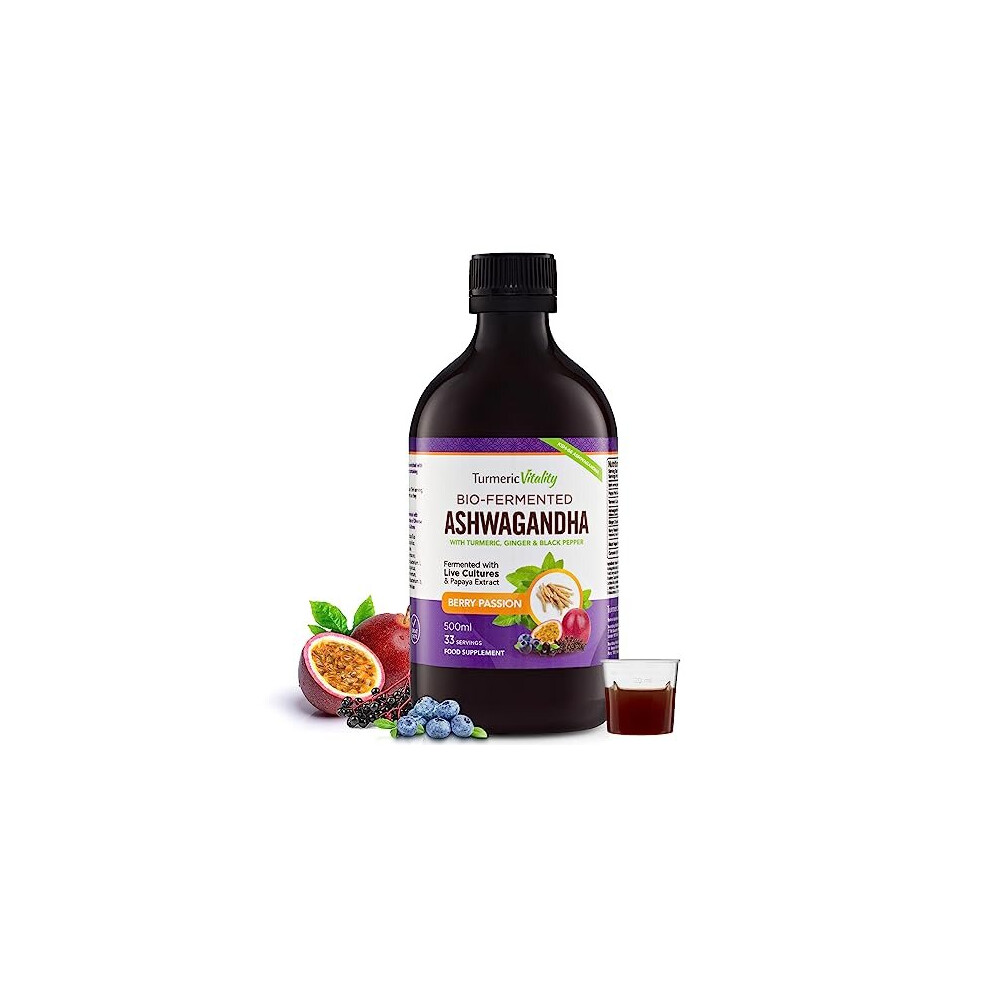 Ashwagandha KSM 66 Liquid Supplement with Turmeric, Probiotics & Digestive Enzymes for Mood & Gut Health - Natural Berry Passion Flavour