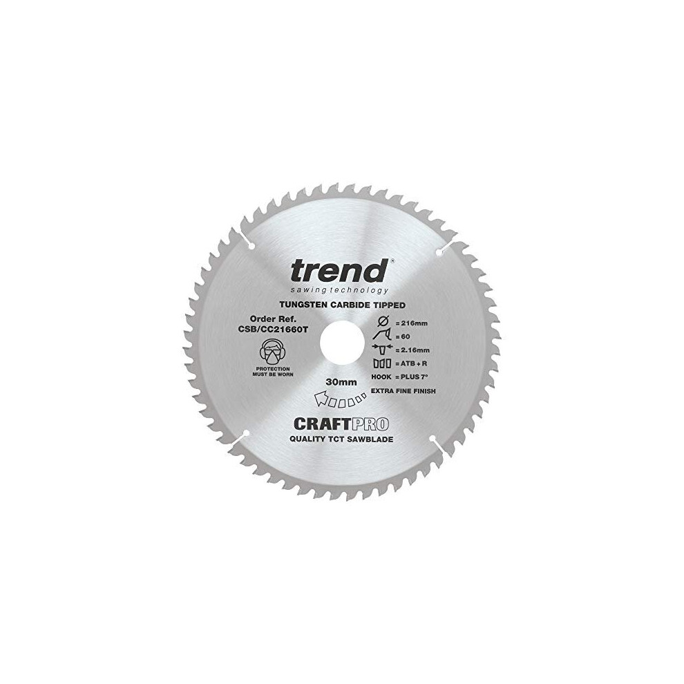 Craftpro Positive Hook Cross-Cutting Tct Circular Saw Blade, 216Mm X 60 Teeth X 30Mm Bore, Tungsten Carbide Tipped, Csb/Cc21660t 5027654058015