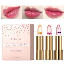3 Pack Crystal Jelly Flower Lipstick Set Nutritious Temperature Change Lip Balm Long Lasting Moisturizer Lip Gloss Magic Color Change Lip Stick Set (A