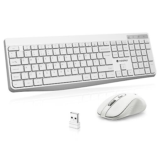 Wireless Keyboard and Mouse Combos, 12 Multimedia and Shortcut Keys UK Layout Full Size Keyboard and Mouse Set for Windows,MacOS,Linux-White (Battery