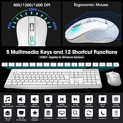 Wireless Keyboard and Mouse Combos, 12 Multimedia and Shortcut Keys UK Layout Full Size Keyboard and Mouse Set for Windows,MacOS,Linux-White (Battery 1