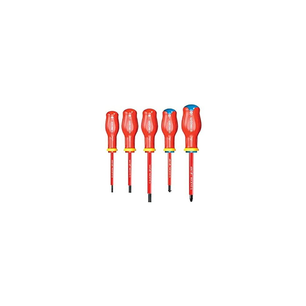 Facom Atp.j5ve Set Of 5 Protwist Screwdrivers 1000 Volts Insulated For Phillips Screws & For Slotted Screws