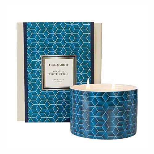 Wax Lyrical Fired Earth Large Ceramic Candle, Assam & White Cedar, Up to 35 Hour Burn time