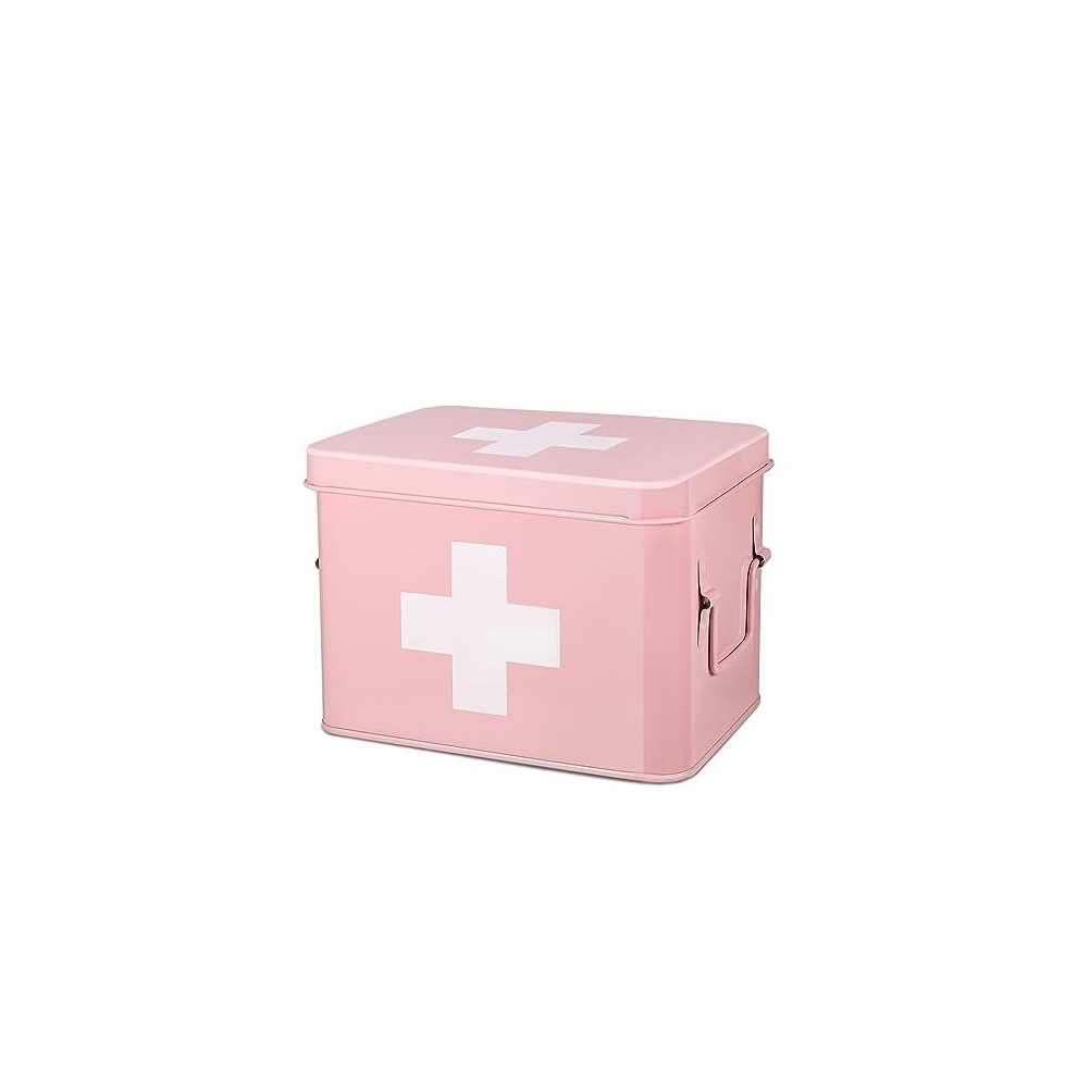 First Aid Box Organizer, Empty 8.5 Inch Pink Vintage First Aid Kit Tin Metal Medical Box First Aid Storage Box Container Bins with Dividers, Removable