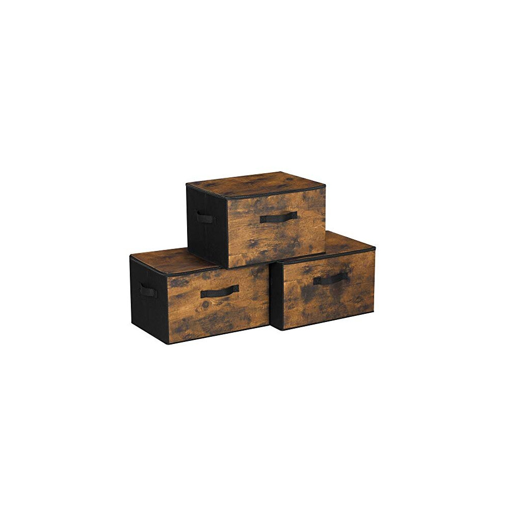 Foldable Storage Organiser Boxes, Set of 3 Storage Basket Bins with Lids, Handles, Clothes Toys Organiser, 40 x 30 x 25 cm, Non-Woven Fabric, Rustic