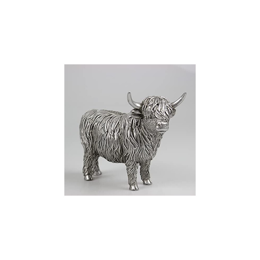 Reflections Silver Art Highland Cow Sculpture Resin Decorative Ornament Figurine