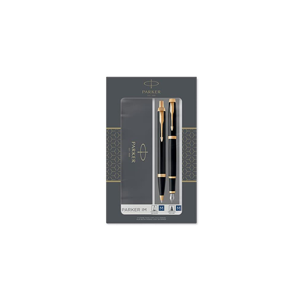 IM Duo Gift Set with Ballpoint Pen & Fountain Pen | Gloss Black with Gold Trim | Blue Ink Refill & Cartridge | Gift Box