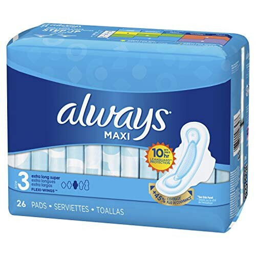 Always Maxi Size 3 Extra Long Super Pads with Wings Unscented, 26 Count