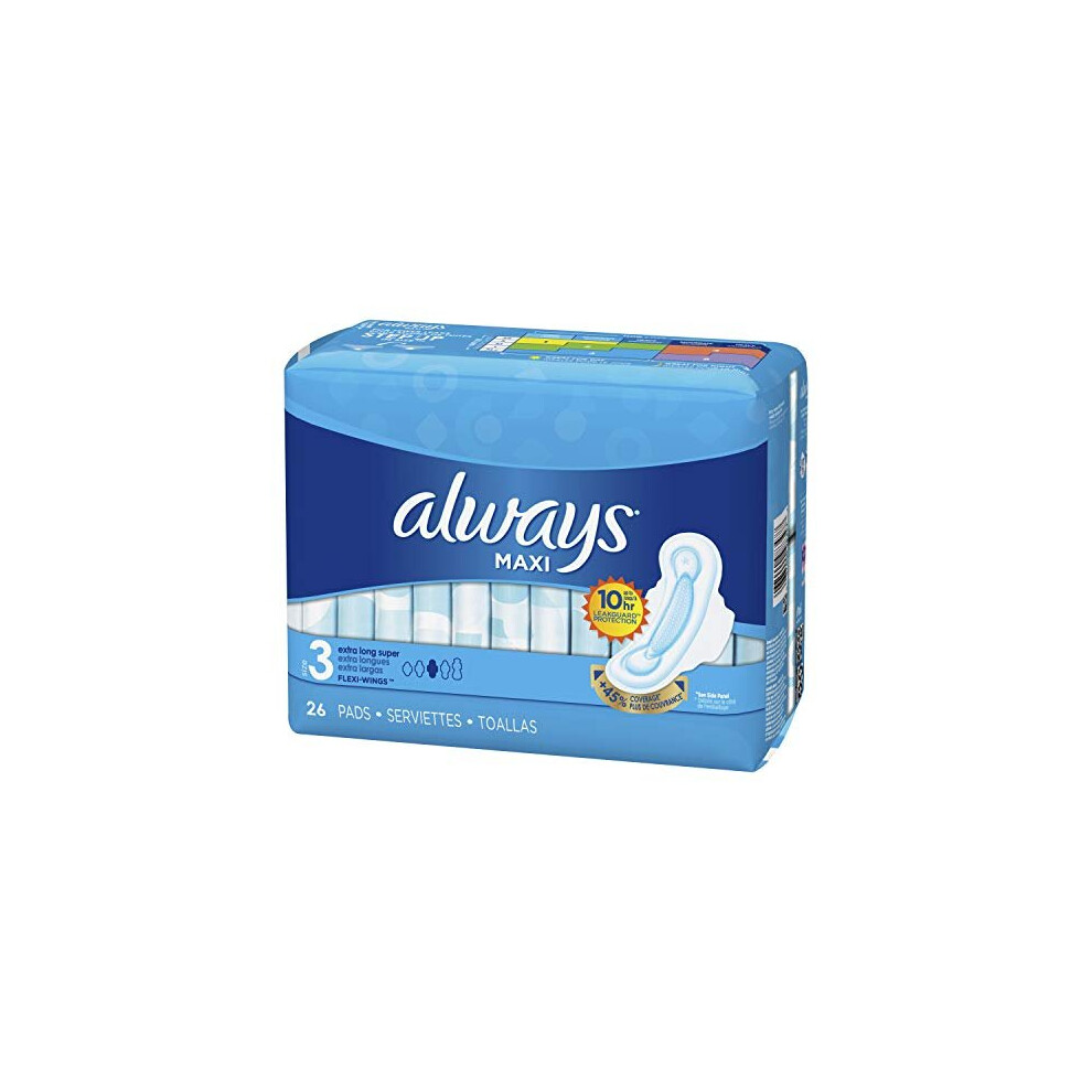 Always Maxi Size 3 Extra Long Super Pads With Wings Unscented, 26 Count