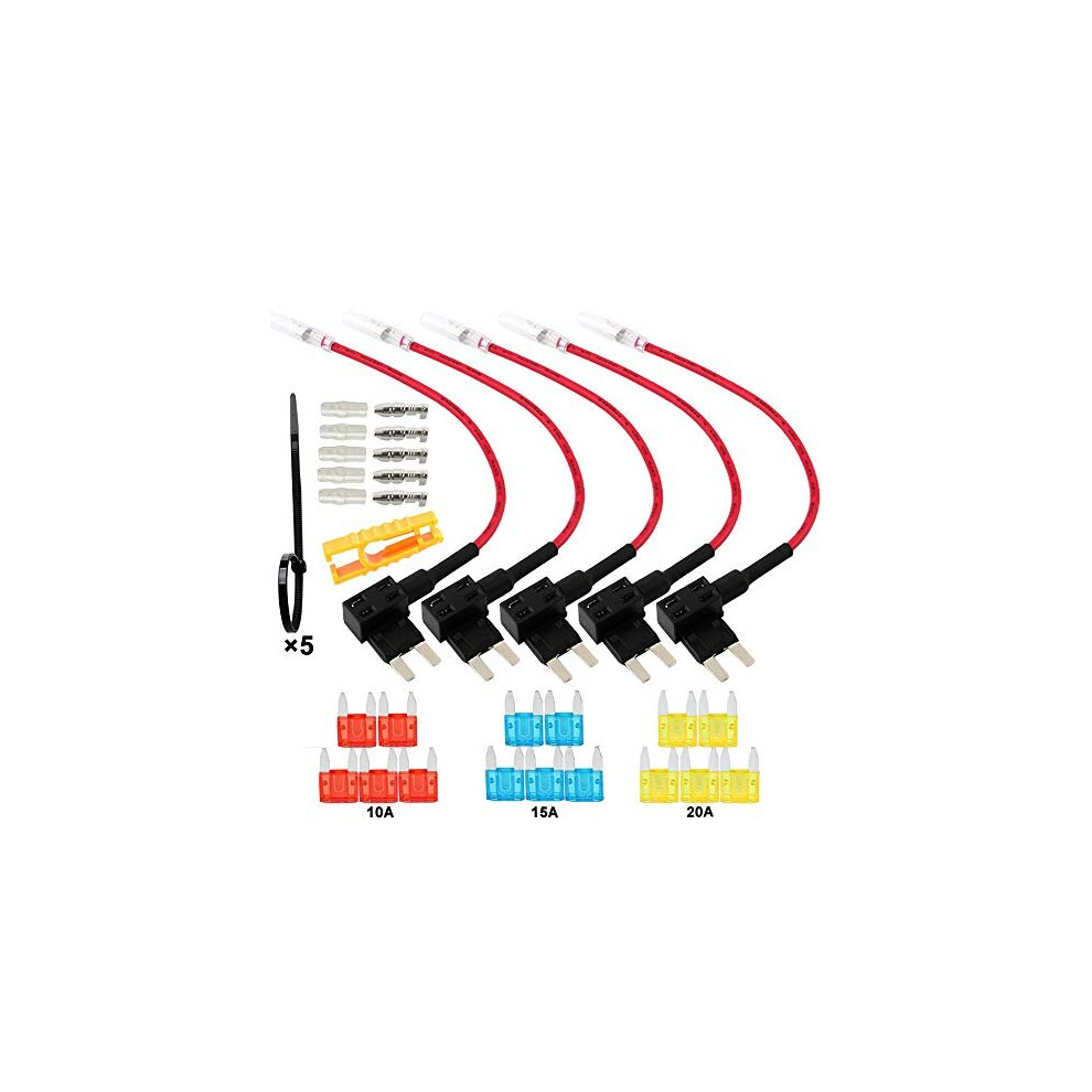 5Pcs Premium Acs Small Add-A-Circuit Fuse Tap, Piggy Back Blade Fuse Holder Kit With Wire Harness, Free 15Pcs Mini Blade Fuses, 1Pcs Fuse Puller, 5Pcs 714035480798