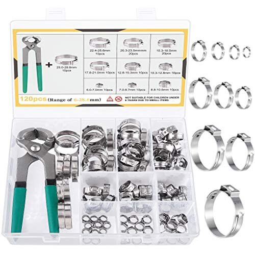 120Pcs Stainless Steel Single Ear Hose Clamps with Ear Clamp Pincer 10