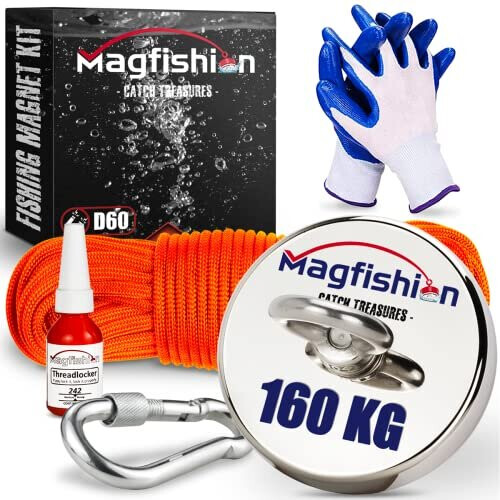 Magnet Fishing Kit – 350 lb (160kg) – Super Strong Neodymium Magnet –  Electromagnet – With 20M Rope – Carabiner - Gloves – Thread on OnBuy
