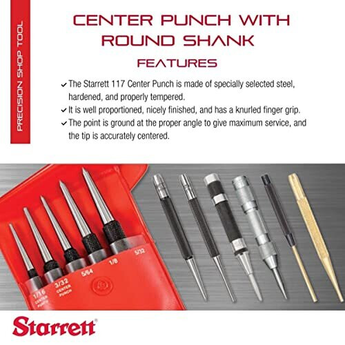 Starrett 117E Centre Punch With Round Shank, 5" Length, 1/4" Tapered Point Diameter 1