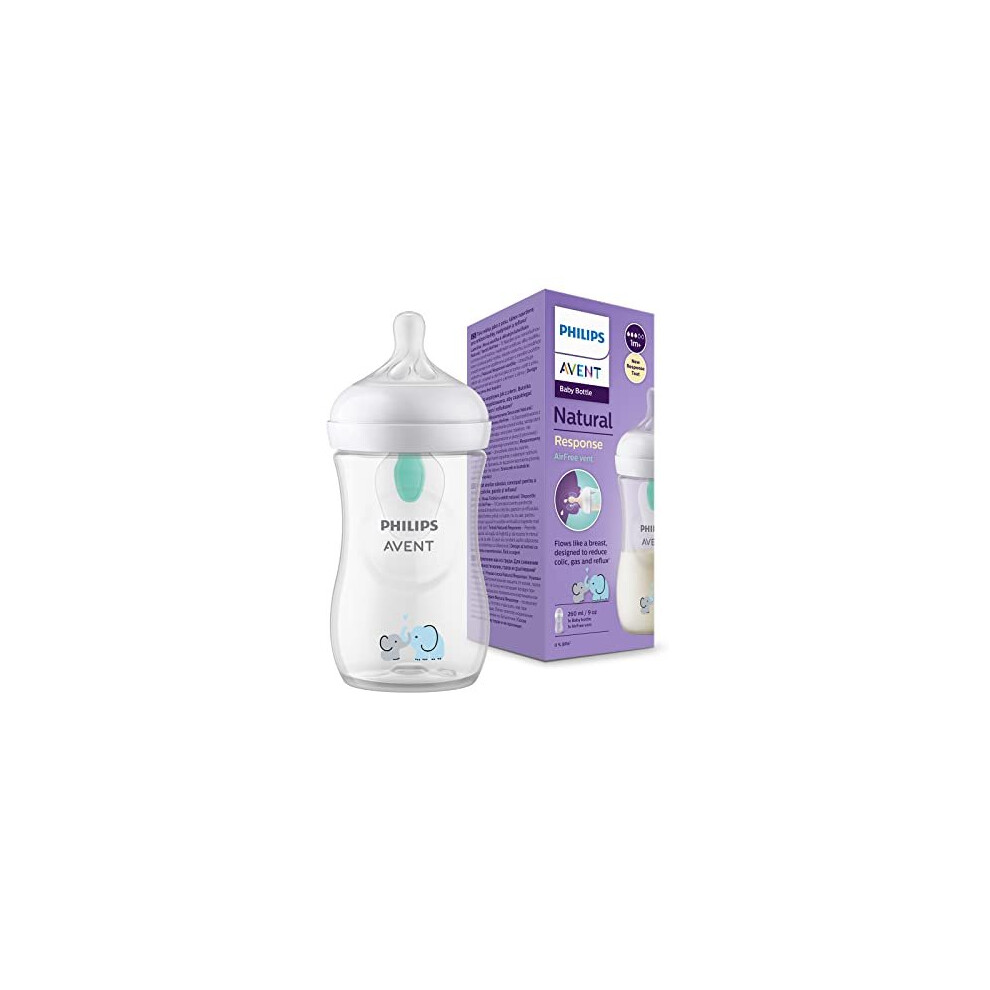 Philips Avent Natural Response Baby Bottle - 260Ml Baby Milk Bottle With Airfree Vent, Bpa Free For Newborn Babies Aged 1 Months+, Elephant Pattern (Model