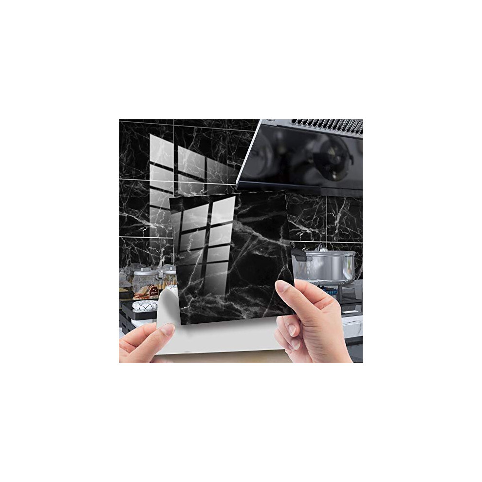 Horiwe Marble Tile Stickers - 4X4 In, 20Pc, Self-Adhesive Pvc Waterproof & Oil-Proof Backsplash For Kitchen & Bathroom Black