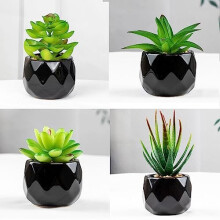 Pack of 4 Artificial Plants Indoor In Pots, Fake Plants Outdoor, Mini black Ceramic Potted, Green Succulents Decor for Bedroom Aesthetic, Faux Desk