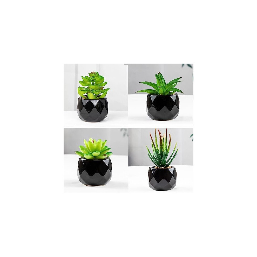 Pack of 4 Artificial Plants Indoor In Pots, Fake Plants Outdoor, Mini black Ceramic Potted, Green Succulents Decor for Bedroom Aesthetic, Faux Desk