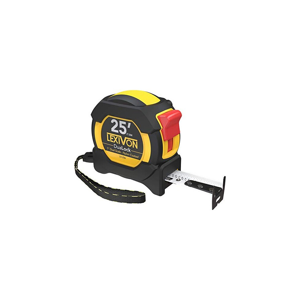 Photos - Tape Measure and Surveyor Tape 25Ft/7.5m DuaLock Tape Measure | 1-Inch Wide Blade With Nylon Coating, Matte Finish White & Yellow Dual Sided Rule Print | F