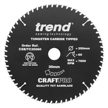 CraftPro PTFE Coated TCT Circular Saw Blade, 250mm x 60 Teeth x 30mm Bore, Tungsten Carbide Tipped, CSB/TC25060