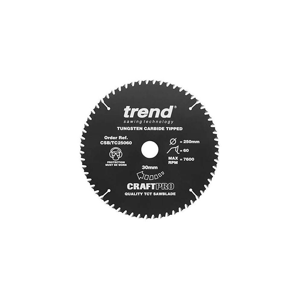 Trend Craftpro Ptfe Coated Tct Circular Saw Blade, 250Mm X 60 Teeth X 30Mm Bore, Tungsten Carbide Tipped, Csb/Tc25060
